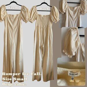 Jacquie the Label Puff Sleeve Cotton Pantsuit Romper S | Neutral Fall Style